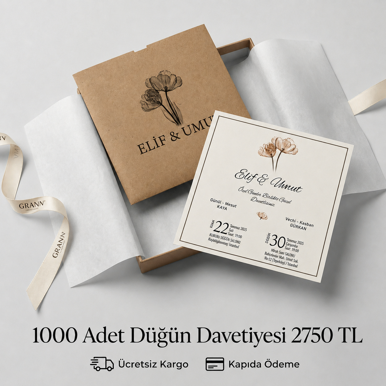 Kare Kraft Zarflı Renkli Davetiye KRKM106